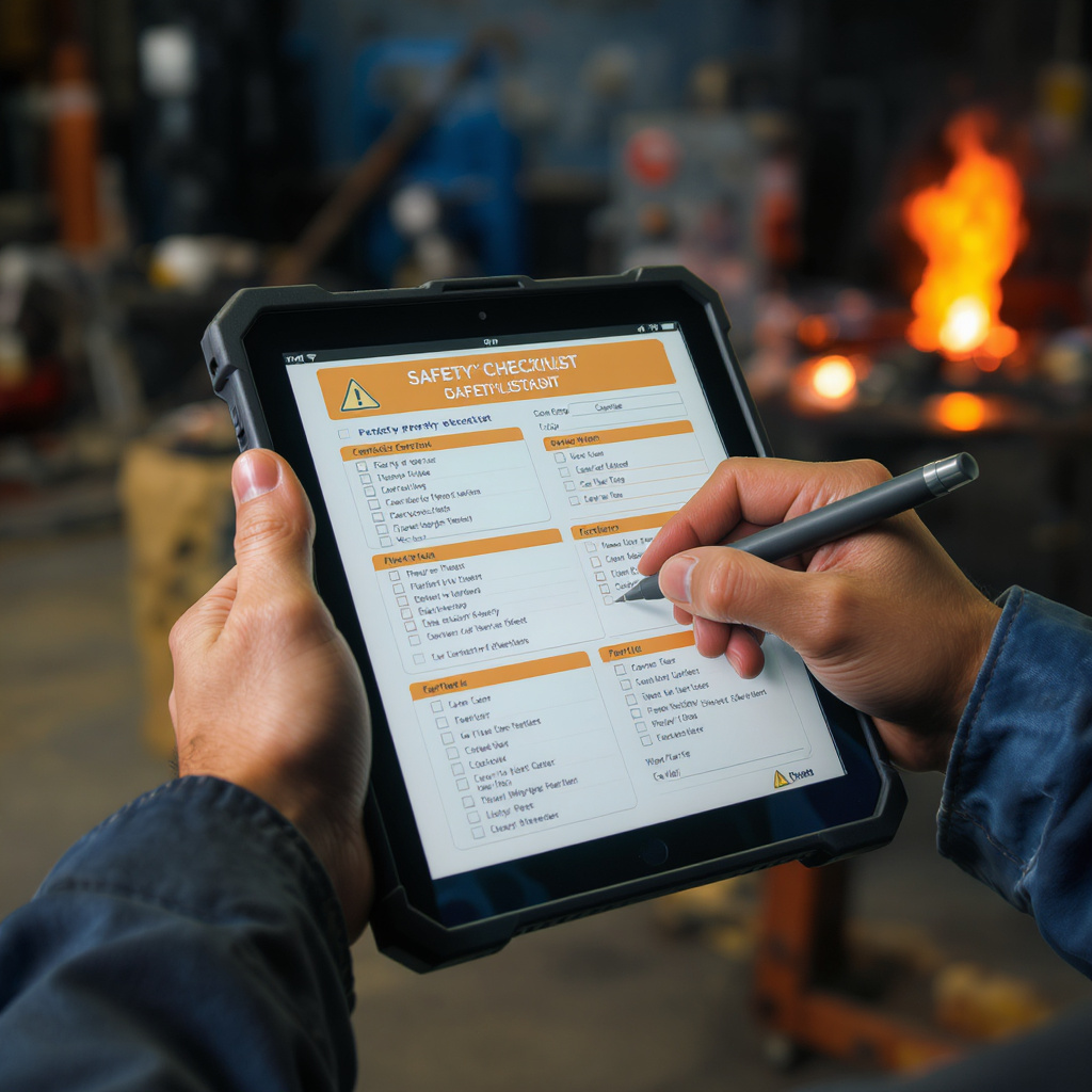 Worker filling out a hot-work permit on a rugged tablet near a hot-work area on a fabrication shop floor.