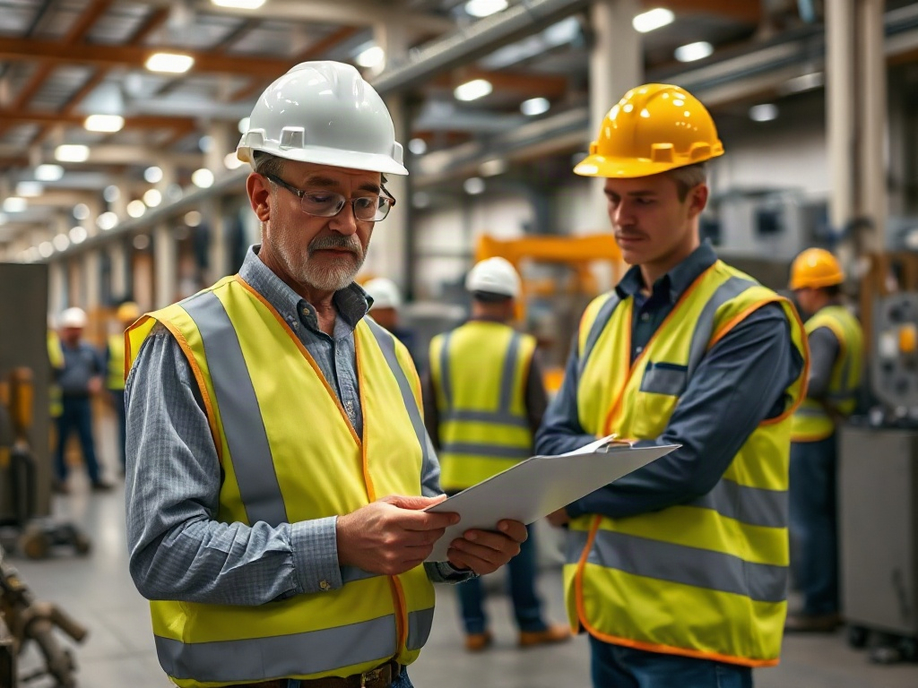 An OSHA safety inspector in PPE reviews a printed checklist on the floor of a fabrication shop, with workers in hard hats and high-visibility vests at machinery in the background.