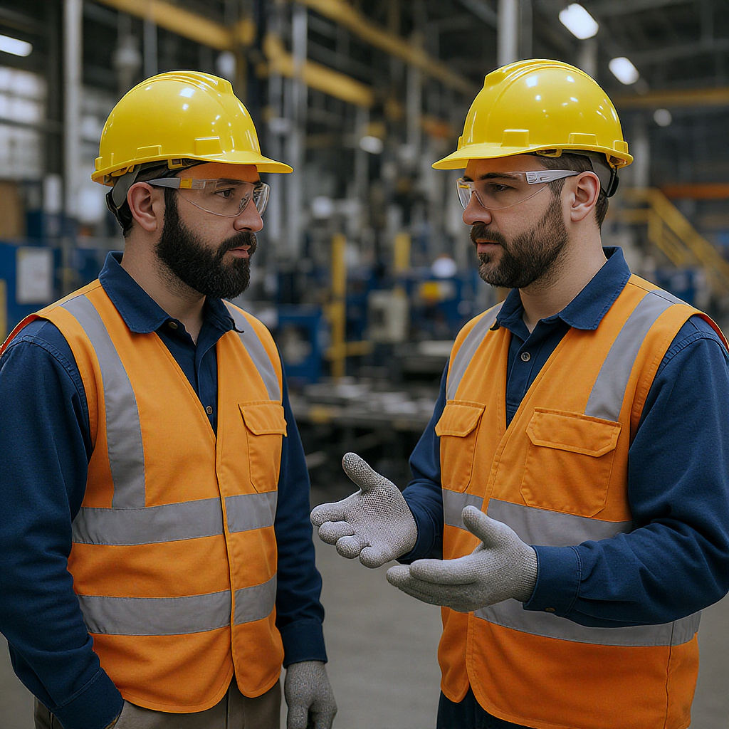 Two workers in PPE doing a pre-job safety briefing on the shop floor.