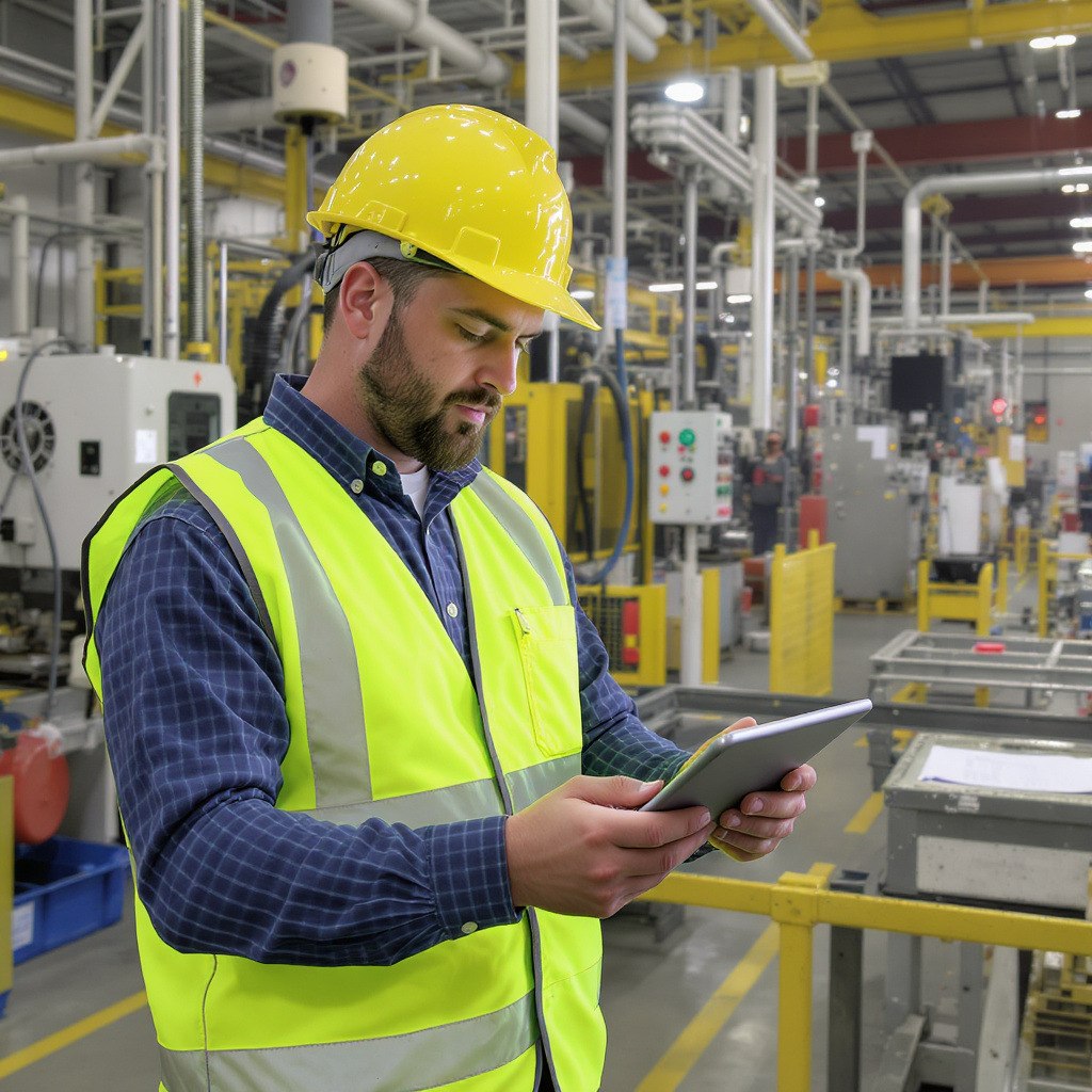 Supervisor reviewing a job hazard analysis on a tablet on a fabrication shop floor.
